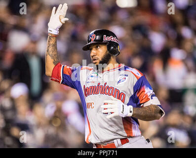 Ronny Rodriguez (15) de Águilas Cibaeñas de Republica Dominicana, celebra Homerun en la parte alta del sexto inning contra Alazanes de Gamma de Cuba Stock Photo