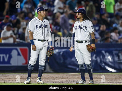 Christian Villanueva y Freddy Galvis de San Diego, durante el partido de beisbol de los Dodgers de Los Angeles contra Padres de San Diego, durante el  Stock Photo