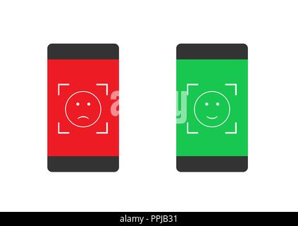Face scan icons. Smile icons over green and red smartphone screens Stock Vector