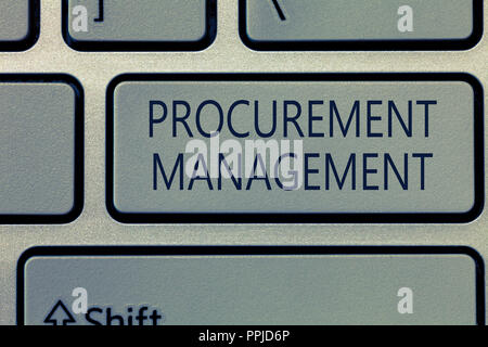 Writing note showing Procurement Management. Business photo showcasing buying Goods and Services from External Sources. Stock Photo