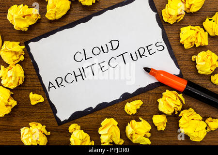 Writing note showing Cloud Architectures. Business photo showcasing Various Engineered Databases Softwares Applications. Stock Photo