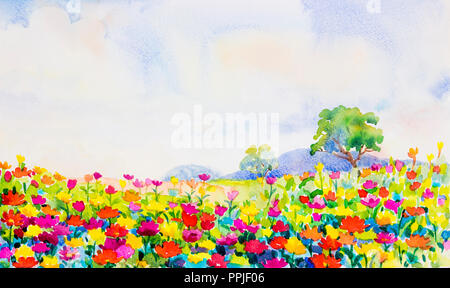 Painting watercolor landscape original colorful of daisy flowers in garden mountain hill and blue sky cloud background. Hand painted illustration beau Stock Photo