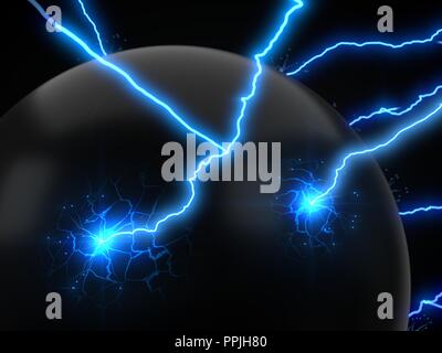 powerful lightning strikes on sphere and makes cracks on surface of sphere. 3d illustration Stock Photo