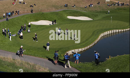 Team Europe players on the 1st green during preview day three of the Ryder Cup at Le Golf National, Saint-Quentin-en-Yvelines, Paris. Stock Photo