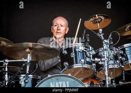 Sweden, Solvesborg - June 06, 2018. Brian Downey’s Alive and Dangerous performs a live concert at the Swedish music festival Sweden Rock Festival 2018. Here drummer Brian Downey is seen live on stage. (Photo credit: Gonzales Photo - Terje Dokken). Stock Photo