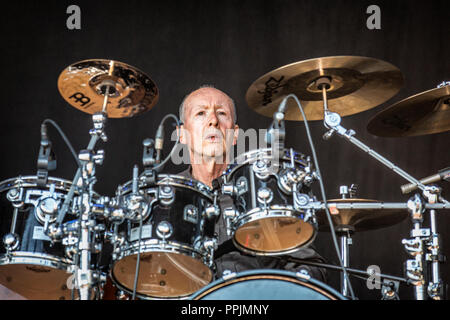 Sweden, Solvesborg - June 06, 2018. Brian Downey’s Alive and Dangerous performs a live concert at the Swedish music festival Sweden Rock Festival 2018. Here drummer Brian Downey is seen live on stage. (Photo credit: Gonzales Photo - Terje Dokken). Stock Photo