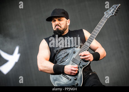 Norway, Halden - June 22, 2018. The American heavy metal band Soulfly performs a concert during the Norwegian music metal festival Tons of Rock 2018 in Halden. Here guitarist Marc Rizzo is seen live on stage. (Photo credit: Gonzales Photo - Terje Dokken). Stock Photo