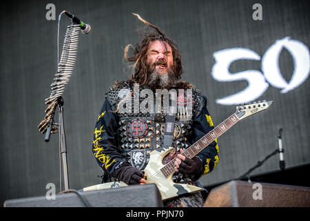 Norway, Halden - June 22, 2018. The American heavy metal band Soulfly performs a concert during the Norwegian music metal festival Tons of Rock 2018 in Halden. Here vocalist and guitarist Max Cavalera is seen live on stage. (Photo credit: Gonzales Photo - Terje Dokken). Stock Photo