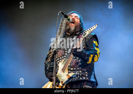 Norway, Halden - June 22, 2018. The American heavy metal band Soulfly performs a concert during the Norwegian music metal festival Tons of Rock 2018 in Halden. Here vocalist and guitarist Max Cavalera is seen live on stage. (Photo credit: Gonzales Photo - Terje Dokken). Stock Photo