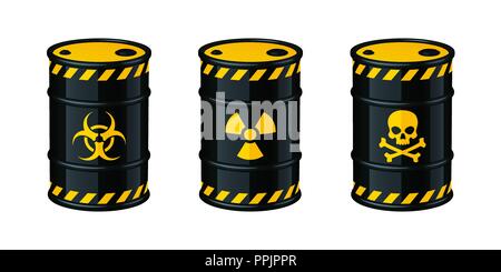Barrels of waste vector illustration isolated on white background. Biohazard waste, Radioactive waste, Toxic waste. Stock Vector