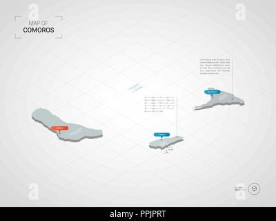 Isometric  3D Comoros map. Stylized vector map illustration with cities, borders, capital, administrative divisions and pointer marks; gradient backgr Stock Vector