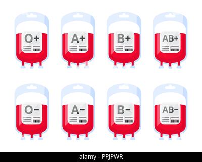 Blood bags with blood types vector illustration. Blood group vector icons isolated on white background. Blood donation vector illustration. Stock Vector