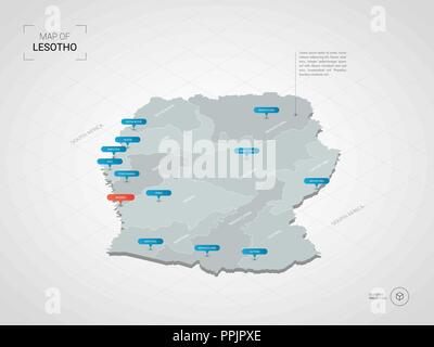 Isometric  3D Lesotho map. Stylized vector map illustration with cities, borders, capital, administrative divisions and pointer marks; gradient backgr Stock Vector