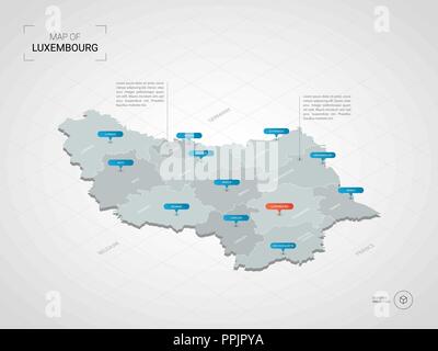 Isometric  3D Luxembourg map. Stylized vector map illustration with cities, borders, capital, administrative divisions and pointer marks; gradient bac Stock Vector