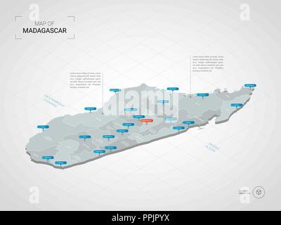 Isometric  3D Madagascar map. Stylized vector map illustration with cities, borders, capital, administrative divisions and pointer marks; gradient bac Stock Vector