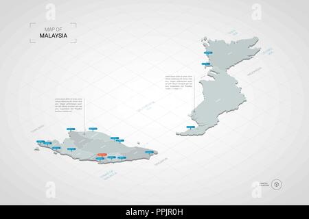 Isometric  3D Malaysia map. Stylized vector map illustration with cities, borders, capital, administrative divisions and pointer marks; gradient backg Stock Vector