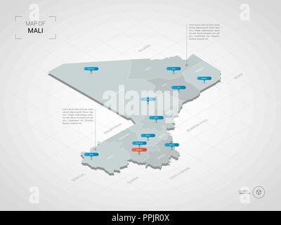 Isometric  3D Mali map. Stylized vector map illustration with cities, borders, capital, administrative divisions and pointer marks; gradient backgroun Stock Vector