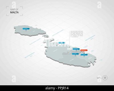 Isometric  3D Malta map. Stylized vector map illustration with cities, borders, capital, administrative divisions and pointer marks; gradient backgrou Stock Vector