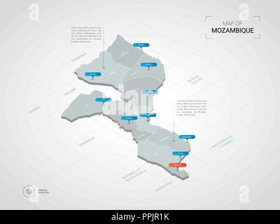 Isometric  3D Mozambique map. Stylized vector map illustration with cities, borders, capital, administrative divisions and pointer marks; gradient bac Stock Vector