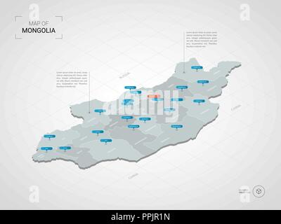 Isometric  3D Mongolia map. Stylized vector map illustration with cities, borders, capital, administrative divisions and pointer marks; gradient backg Stock Vector
