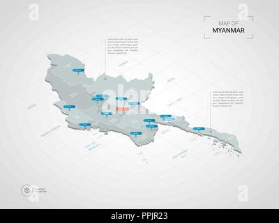 Isometric  3D Myanmar Burma map. Stylized vector map illustration with cities, borders, capital, administrative divisions and pointer marks; gradient  Stock Vector