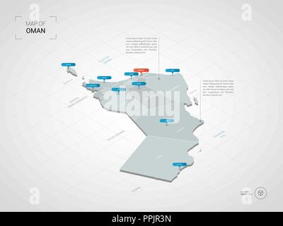 Isometric  3D Oman map. Stylized vector map illustration with cities, borders, capital, administrative divisions and pointer marks; gradient backgroun Stock Vector