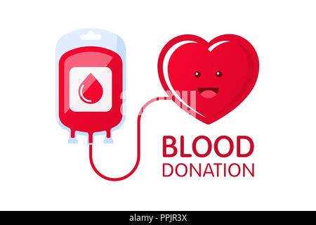 Donate blood concept with blood bag and heart character. Blood donation vector illustration isolated on white background. World blood donor day - June Stock Vector