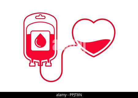 Blood donation vector illustration isolated on white background. Donate blood concept with Blood Bag and heart. World blood donor day - June 14. Stock Vector