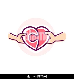 Two hand connect two elements of the heart puzzle vector illustration. Logo heart puzzle. Logo love Stock Vector