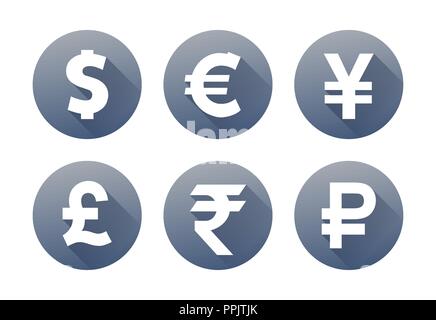 Currency flat vector symbol set. Icons with images of currencies different countries dollar sign, euro sign, pound sterling sign, yen sign, yuan sign, Stock Vector