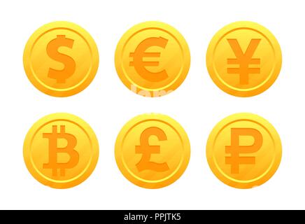 Vector set of world currency symbols in the form of gold coins with signs: dollar, euro, pound, ruble, yen, bitcoin, yuan. Currency signs. Stock Vector