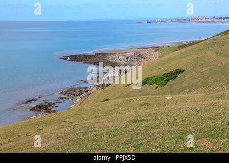 A view from the clifftop looking down onto the rocky promontary and sandy beaches of Ogmore by sea with a low tide exposing the sands. Stock Photo