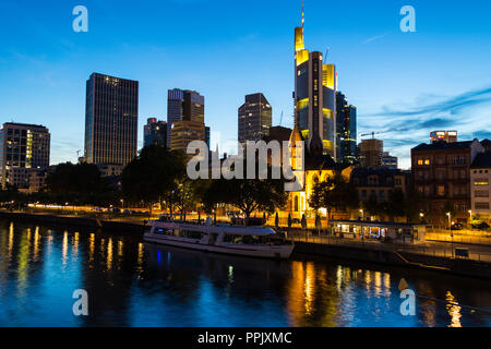 Germany, Hessen, Frankfurt am Main, Skyline at sunset. Stock Photo