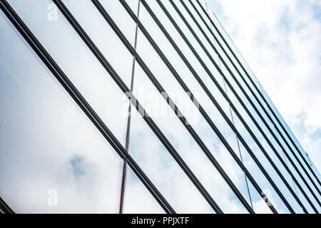 underside panoramic and perspective view to steel blue glass high rise building skyscrapers, business concept of successful industrial architecture Stock Photo