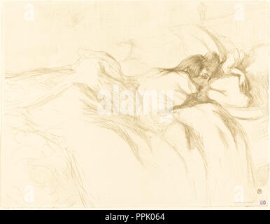 Woman Asleep (Femme couchée). Dated: 1896. Dimensions: image: 40.5 x 52.1 cm (15 15/16 x 20 1/2 in.)  sheet: 40.5 x 52.1 cm (15 15/16 x 20 1/2 in.). Medium: lithograph in olive green. Museum: National Gallery of Art, Washington DC. Author: Henri de Toulouse-Lautrec. TOULOUSE-LAUTREC, HENRI DE. Stock Photo