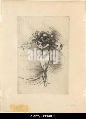 Spring (Le Printemps). Artist: Auguste Rodin (French, Paris 1840-1917 Meudon). Dimensions: sheet: 12 3/16 x 6 5/16 in. (31 x 16 cm)  image: 5 13/16 x 3 15/16 in. (14.8 x 10 cm). Date: 1882-88.  Rodin learned the drypoint technique--a printmaking method that involves drawing with a needle directly on a metal plate--from the artist Alphonse Legros during a visit to London in 1881. The motif of a female figure whose head is encircled by putti appeared first on a vase Rodin designed for the Sèvres porcelain factory, where he worked from 1879 to 1885, though the composition here is most similar to  Stock Photo