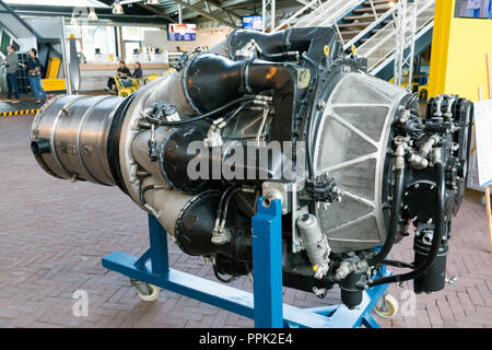 An early jet engine with a centrifugal compressor, a Rolls-Royce Nene on display at the Aviodrome Avia Stock Photo