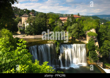 A beautiful view at Pliva waterfall (Plivski vodopad) located in the city center of Jajce, Bosnia and Herzegovina. Stock Photo