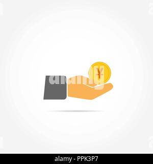 Coin with yuan symbol falls into the palm of your hand Stock Vector