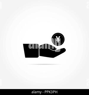 A coin with the symbol of the yuan falls in an open hand Stock Vector