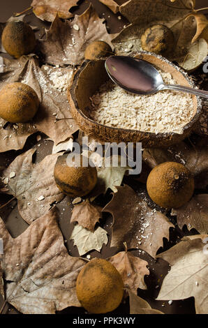 Oatmeal dish served in the middle of a dry coconut, garnished with dried and yellowish lemons, dried leaves on a brown background. Stock Photo