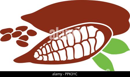 Flat Whole and cracked Ripe Cocoa pod fruit, beans, leaves with place for text premium product. Vertical label. Stock Vector