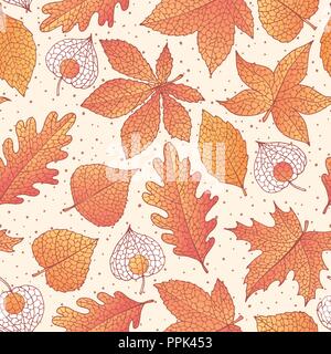 Vector autumn seamless pattern with oak, poplar, beech, maple, aspen and horse chestnut leaves and physalis of orange color on the beige dotted backgr Stock Vector