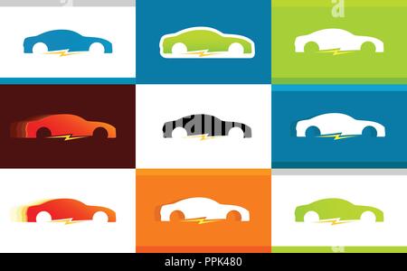 Set of Colorful Logos of Electro Cars on Backgrounds with Different Styles - Vector Illustrations. Stock Vector