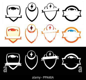 Set of Emblems with Electric Cars - Badges with Copy Space isolated on white, Vector Illustrations. Stock Vector