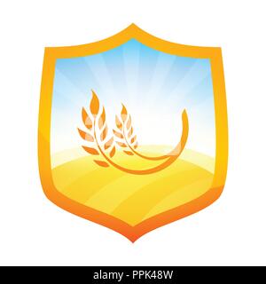 Orange Badge with Farm Field of Wheat on Shield Stock Vector