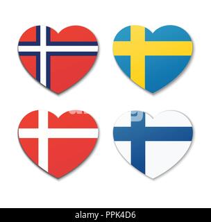 Icons of Scandinavian Flags in Shape of Hearts. Stock Vector