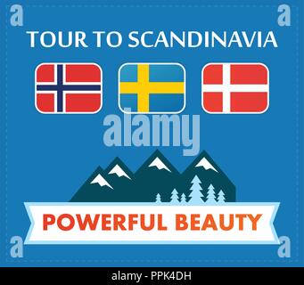 Poster with Flags of Scandinavian Countries and Mountain Landscape Stock Vector