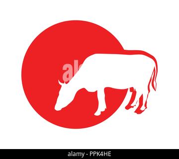 Beef Production Illustration - Cow on Red Round Emblem isolated on white background. Stock Vector