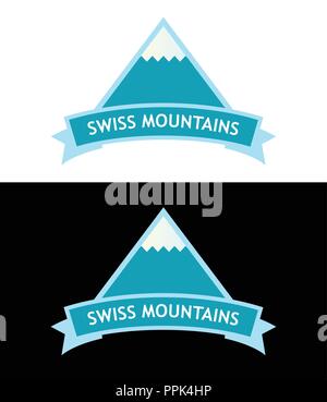 Vector Emblem with Swiss Alps. Logo in blue color isolated on white and black backgrounds. Stock Vector